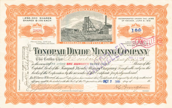 Tonopah Divide Mining Co. - Stock Certificate